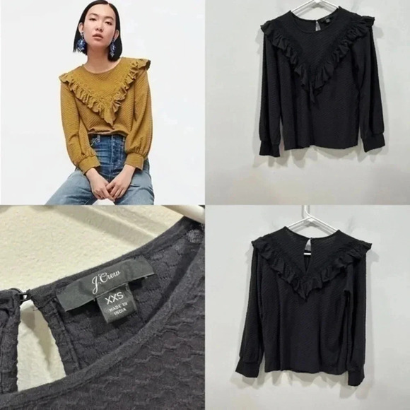 🍁 J Crew Honeycomb Ruffle Trimmed Blouse black XXS - Picture 1 of 10